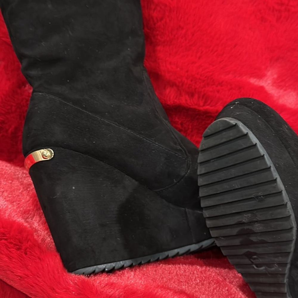 Juicy Couture Black Wedge Boots with Gold Accent